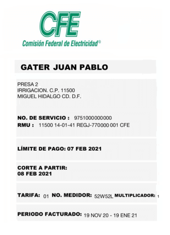 Datos Personales Recibo CFE
